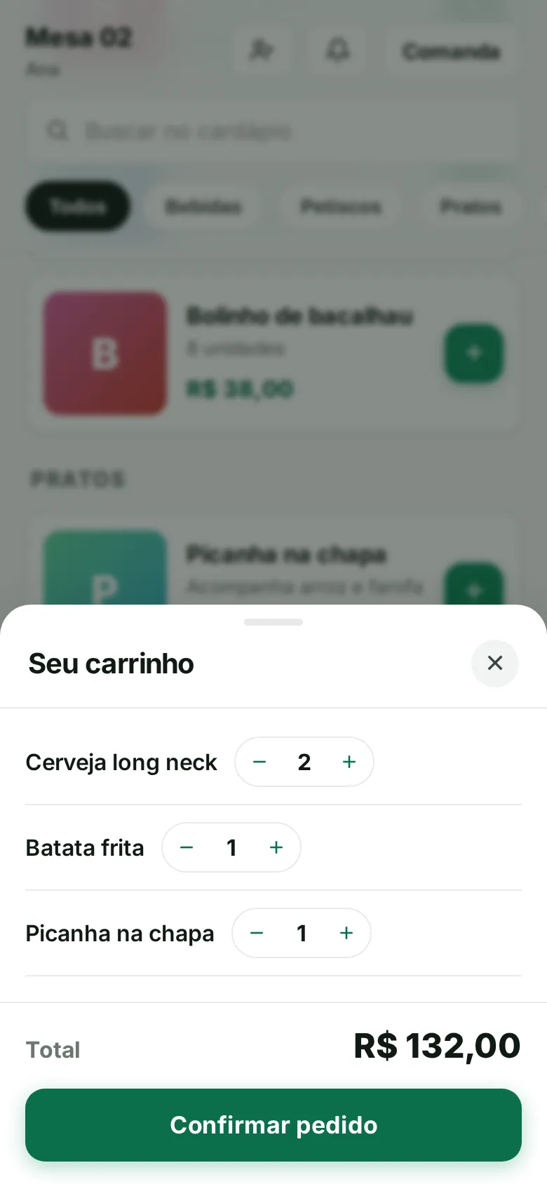 Carrinho antes de confirmar o pedido.