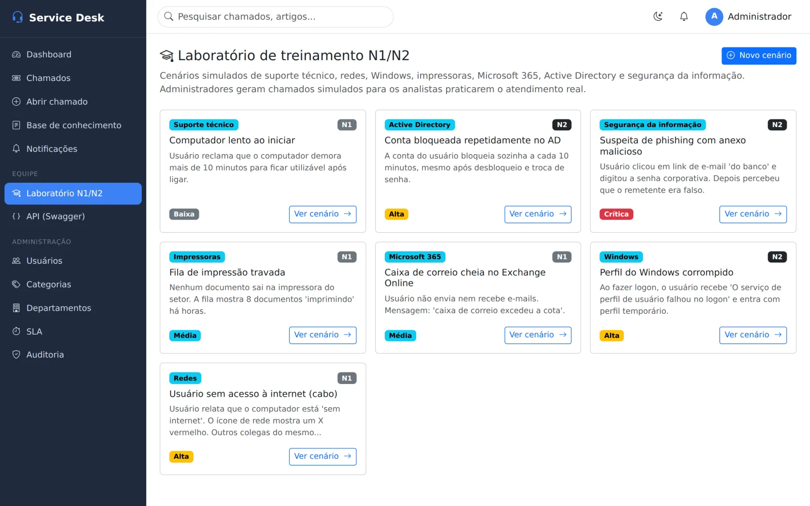 Laboratório N1/N2: cenários simulados de redes, Windows, Active Directory e segurança.